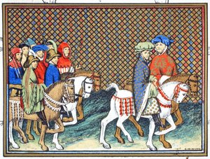Vévodové z Exeteru a Surrey poslaní Richardem II. z hradu Conway do Chesteru, aby se pobavili s vévodou z Lancasteru, faksimile kopie z Le Prinse et Mort du Roy Richart od Jean Creton, přetištěno 19. od French School
