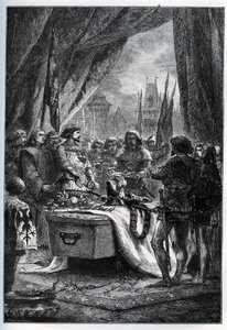 Anglický guvernér Chateauneuf de Randon (Chateauneuf-de-Randon, Auvergne) se vzdal a přišel 13. července 1380 položit klíče od náměstí na rakev Bertranda du Guesclin (1320-1380), před nímž bylo město obléhání. Připojitelná kostka od French School