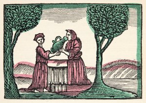 The Fairy from Historys or Tales of Past Times vyprávěná Matkou Husou, S morálkou, M. Perraultem, hospoda. 1925 (ručně kolorovaný dřevotisk) od French School