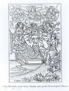 Fay Melusine, z jejíchž boků pramení Genealogický strom králů a císařů, ilustrace z vědy a literatury ve středověku a renesanci, napsal a vyryl Paul Lace od French School