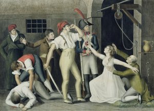 Synovská a hrdinská oddanost Madamemoiselle de Sombreuil v září 1792, kolem roku 1800 (pero a inkoust, wc a kvaš na papíře) od French School
