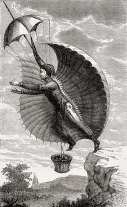 Létající muž, vyrytý podle Nicolase Edme Restifa de la Bretonne, z knihy „Nádherné výstupy balónem nebo dobytí nebes“, od Fulgence Marion, publikované kolem roku 1870 od French School