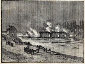 Francouzsko-pruská válka - Obrana Paříže - spálení mostu Asnieres - Požár mostu Asnieres během obléhání (obrany) Paříže Rytina do ""Les combatants de 1870-71"" od velitele Leonce Rousseta (1850- 1938) - Francouzská pruská válka - ( od French School