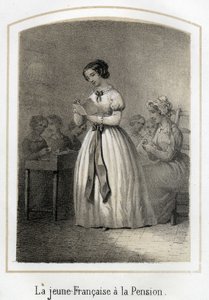 Francouzka čte svým spolužákům. Anonymní rytina 19. století od French School