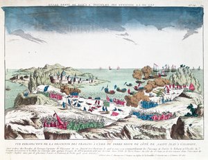 Francouzský nájezd na St. John v Newfoundlandu 2. června 1762 pod velením Chevalier du Ternay (1722-80), konec 18. století od French School