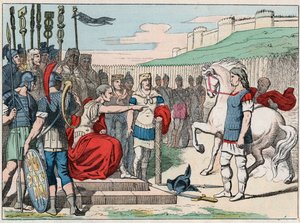 Galský kuchař Vercingetorix (80-46 př. n. l.) odcházející k Julesi Cesarovi (100-44 př. n. l.) do Alesie v roce 52 př. n. l. - Vercingetorix (72-46 př. n. l.) galský vůdce, vzdávající se Caesarovi v Alesii (Francie) - rytina konce r. 19. století v „“ Nos G od French School