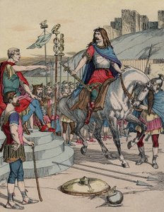 Galský náčelník Vercingetorix (72-46 př. n. l.) vzdávající se římskému náčelníkovi Juliu Caesarovi (100-44 př. n. l.) po bitvě u Alesie v roce 52 př. Kr. - "" Galský vůdce Vercingetorix (72-46 př.nl) se po bitvě vzdává římskému náčelníkovi Julesu Cesarovi  od French School