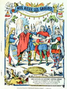 Galští vůdci v lize proti Juliu Caesarovi (100-44 př. n. l.) vedenému Vercingetorixem († 46 př. n. l.) z ochranného obalu na učebnice, konec 19. století od French School