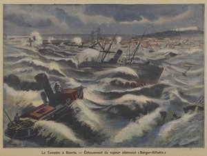 Německý parník Berger-Wilhelm najel na mělčinu v bouři u Bizerte v Tunisku (barva litho) od French School