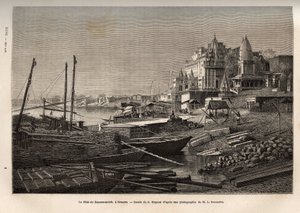 Ghat de Benares (dnešní Vanarasi) (ghát označující schody, které pokrývají břehy řek a břehy pánví a nádrží, které umožňují sestoupit v kontaktu s vodou), vyrytý podle kresby G. Moyneta, znázorňující plavbu t od French School