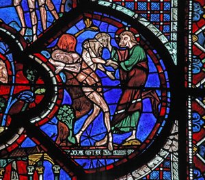 Okno milosrdného Samaritána: Bůh stvořil ženu ze žebra spícího Adama (w44) od French School