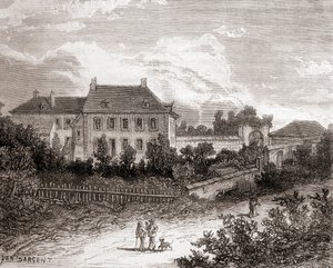 Dům v Gras u Chalon-sur-Saône ve Francii, kde francouzský vynálezce Nicéphore Niépce vyvinul heliografii, z knihy Les Merveilles de la Science, vydané kolem roku 1870 (rytina). od French School