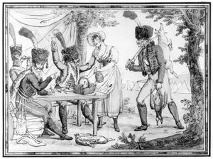 Husaři a Vivandiere, 1803 (wc na papíře) od French School