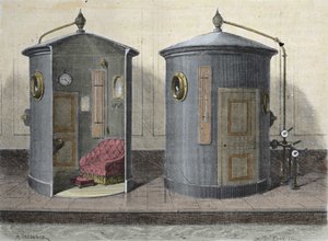 Hyperbarická komora od Paula Berta (1833-1887), fyziologa a francouzského politika. Rytina z roku 1855. od French School