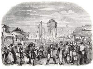 Pochod nevinných v Paříži s fontánou - rytina v „Tableau-de-Paris“ od Edmonda Texiera 1852 od French School