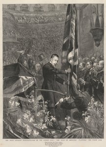 Demonstrace irských loajálních členů v Albert Hall, Londýn, 1893: vévoda z Abercornu (James Hamilton) (1811-1885) zasadil Union Jack. od French School