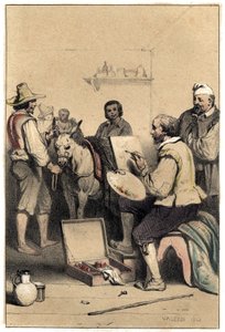 Italský malíř Antonio Allegri (známý jako Correggio nebo Le Correge 1489-1534), podporuje, vytváří znamení hostince, aby zaplatil za jídlo Talíř převzatý z „“Scény ze života slavných mužů“““ rytina ve dvou barvách od Valerio. 1843. od French School