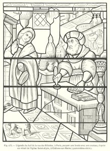 Žid z Rue des Billettes v Paříži znesvěcující Hostii propíchnutím nožem po vitráži ze 14. století v kostele Saint-Alpin, Chalons-sur-Marne, Francie (rytina) od French School