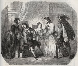 Francouzský král Ludvík XIII. (1601-1643) trpí migrénou, když mluví s královnou Annou Rakouskou (1601-1666). Rytina z roku 1871 v „Histoire Des Cocus Celebres““ od Henryho de Kocka (1819-1892). od French School