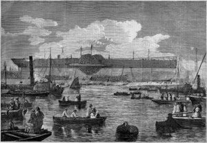 „Leviathan“ (Great Eastern), první obří parník, během jeho pokusu o start v roce 1857. Rytina v „“ Le Monde Illustré““ č. 31 ze 14. listopadu 1857. od French School