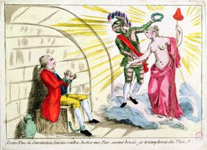 Muž se železnou maskou osvobozený revolucí, alegorické zobrazení francouzské ústavy (barevná rytina) od French School