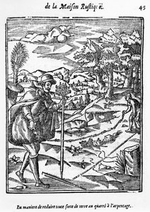 Způsob, kterým lze zmenšit jakýkoli druh pozemku na Zeměměřické náměstí, ilustrace z LAgriculture et Maison Rustique od Charlese Estienna, vydání z roku 1641 od French School