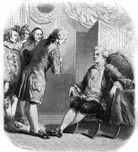 Markýz de Puysieulx přijímá Philippe Nericault Destouches (1680-1754) a jeho skupinu kočujících komiků. Rytina z let 1858-1859. od French School