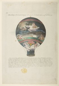 Balón Montgolfier se „slavnými klasickými odkazy“, Machine Aerostatique o 126 b de haut sur 100 b de large (barevné rytí) od French School