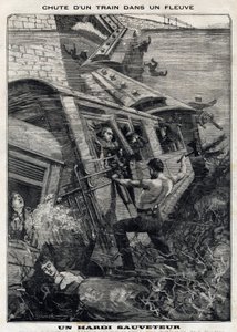 Vlak New York Buffalo spadne ve Spojených státech do řeky: muž se snaží zachránit cestující, kterým hrozí utonutí. V „“Le Peute Parisien““ dne 11.7.1897. Soukromá sbírka od French School