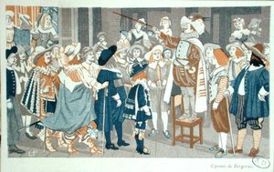 Řeč nosu v Hotel de Bourgogne, ilustrace z „Cyrano de Bergerac“ od Edmonda Rostanda (1868-1918) kolem roku 1905 (barevné lito) od French School
