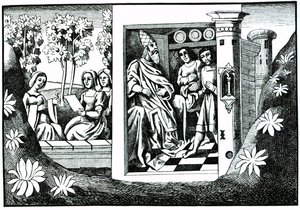 Starý muž z hory, který dává rozkazy svým následovníkům, z Cesty Marca Pola, zkopírované Albertem Coinchonem († 1871) z původního rukopisu od French School