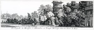 Pagoda, mešita a Alhambra neboli maurský chrám v Kew, z Jardins Anglo-Chinois a la Mode, od George Louise le Rouge, vydáno 1775-78 od French School