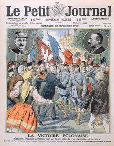 Polské vítězství, francouzští důstojníci oslavovaní davem na Hlavní ulici ve Varšavě, ilustrace na obálce Le Petit Journal, 12. září 1920 od French School