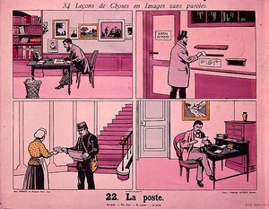 "Pošta", série obrázků ilustrujících různé poštovní obrázky z francouzské školní učebnice, kterou vydal Fernand Nathan, před rokem 1914 (barevná litografie) od French School