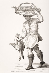 Obchodník s drůbeží, po dřevorytu ze 16. století od Cesare Vecellia (1521-1601) z „Le Moyen Age et La Renaissance“ od Paula Lacroixe (1806-84) publikovaném v roce 1847