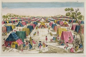 Pruský armádní tábor, čerpaný ze života na polích v Pomořansku, ryl Vale, kolem roku 1750 (ručně kolorovaná rytina) od French School