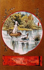 Králík a Teal, ilustrovaná karta zobrazující bajku od Jeana de la Fontaina (1621-95) kolem roku 1880 od French School