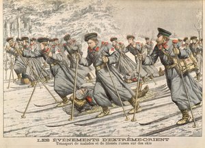 Červený kříž přepravující zraněné Rusy na lyžích během rusko-japonské války (1904-05) z Le Petit Journal, kolem roku 1904 od French School