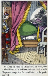 Červená karkulka vstoupí do místnosti, kde vlk nahradil svou babičku - v „Červené karkulce“, ed. Pellerin, Epinal, n. d. 19. od French School