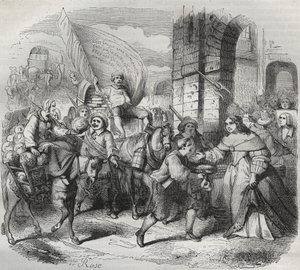 Návrat Gonesse, epizoda Frondy: „Lady of Paris“ vítá „Lady of Aubervilliers“ a „Nouricier Gonesse“, kteří ji přišli zásobit. Rytina frondeuse 1649 - rytina v „Paris a travers les siecles““ od H. Gourdona de Genouillac od French School