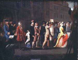 Návrat komediantů po potlačení Comedie Italienne, 1697 od French School