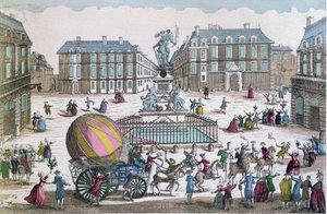 Návrat balonu Jacquese Charlese (1746-1823) a Nicholase Roberta (1761-1828) 2. prosince 1783 do dílny na náměstí Place des Victoires. od French School
