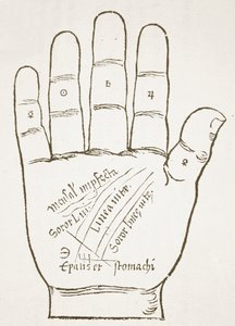 Pravá ruka, hlavní linie, kopie ilustrace z Chiromantia od Ioannese ab Indagine, 1531, použitá v Dějinách magie, publikovaných koncem 19. od French School