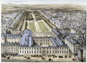 Královský palác v roce 1679, pohled z ulice St Honoré - litografie od French School