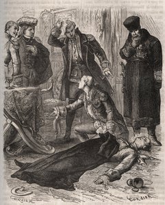 Ruský císař Petr III. (1728-1762), přidělená rezidence, byl na příkaz své manželky Kateřiny II., která ho právě svrhla a převzala moc, zavražděn Alexejem Orlovem (1737-1808) a jeho strážci dne 17. července 1762. Rytina z roku 1871 v „Histoire De od French School
