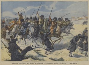 Rusko-japonská válka: Kozáci překvapující japonskou hlídku při nájezdu severně od Gensanu v Koreji (barva litho) od French School
