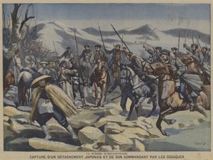 Rusko-japonská válka: japonský oddíl a jejich velitel zajati kozáky (barva litho) od French School
