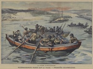 Rusko-japonská válka: první potyčky během ruského průzkumu na řece Yalu (barva litho) od French School