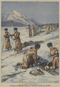 Rusko-japonská válka: přeprava raněných ruských vojáků na saních vyrobených z lyží (barva litho) od French School
