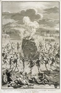 The Sacrifice to Quitchi-Manitou, neboli The Great Spirit, od Kanaďanů, ilustrace z Náboženských obřadů a zvyků, vyryl Bernard Picart (1673-1733) 1723 od French School